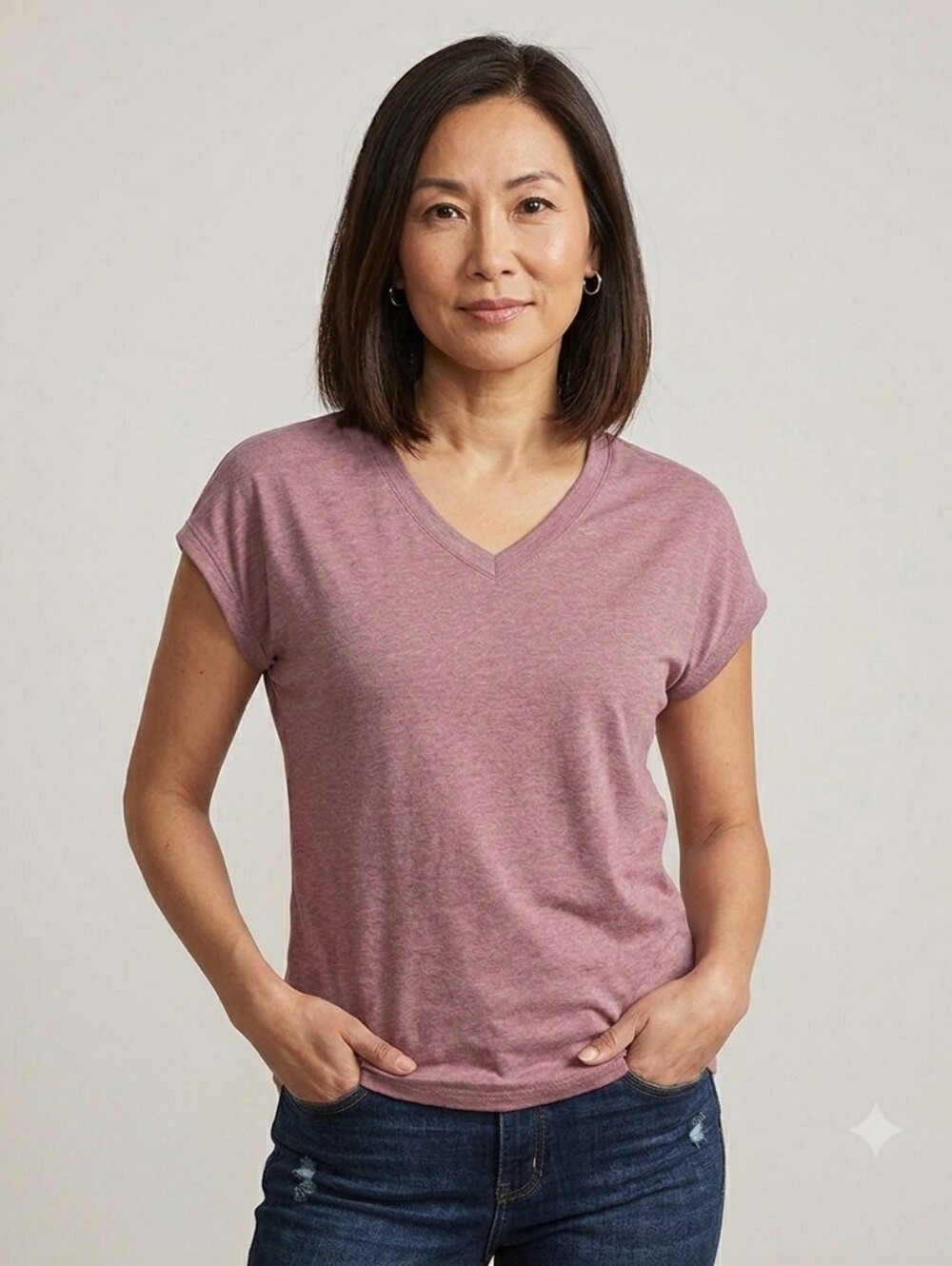 Soft Heathered Mauve V-Neck Cuffed Cap Sleeve Tee - Size XL